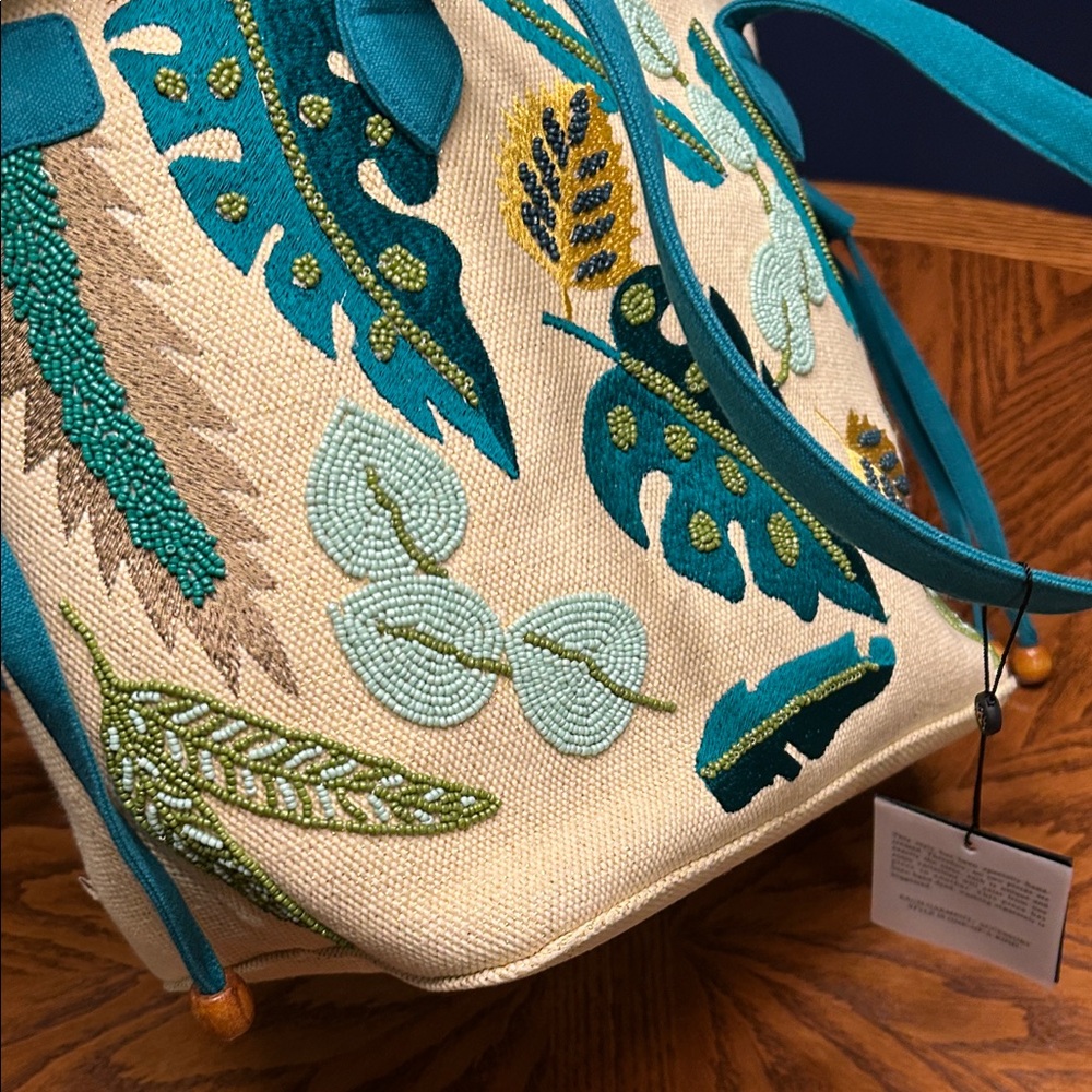 NWT America and Beyond Jungle Forestry Hand Beaded Tote - Yellow and Green - Picture 13 of 16